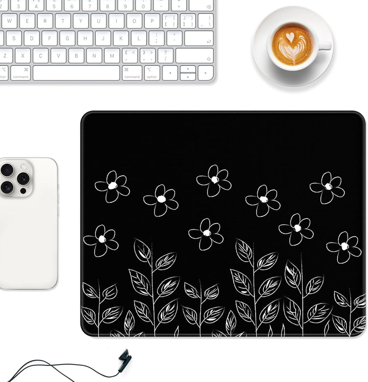 Mouse Pad, 12 X 10 in Flower Theme Computer Mouse Pad for Desk, Premium-Textured Non-Slip Rubber Stitched Edges Waterproof Square Mouse Mat for Gaming Work Wireless Mice, Black