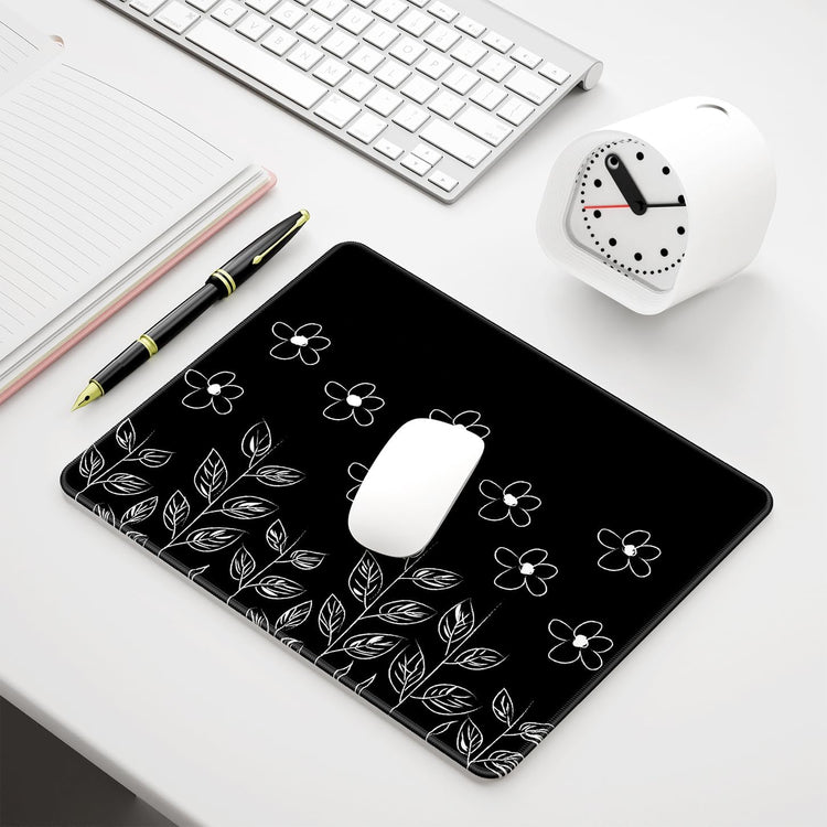 Mouse Pad, 12 X 10 in Flower Theme Computer Mouse Pad for Desk, Premium-Textured Non-Slip Rubber Stitched Edges Waterproof Square Mouse Mat for Gaming Work Wireless Mice, Black